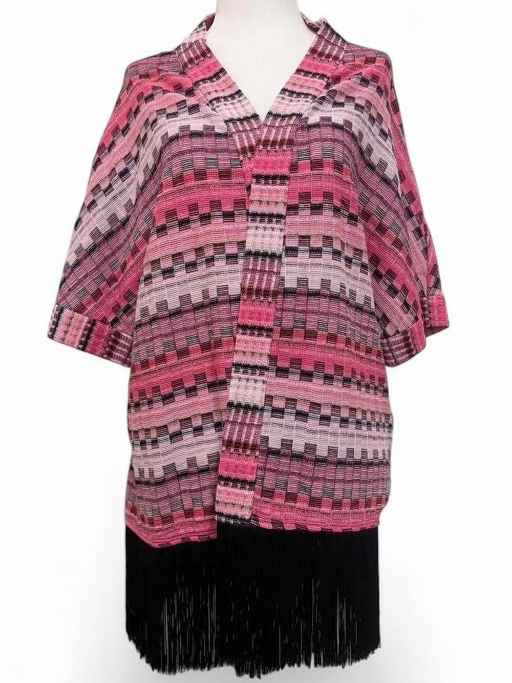 Trina Turk Pink Patterned Open-Front Knit Poncho with Fringe